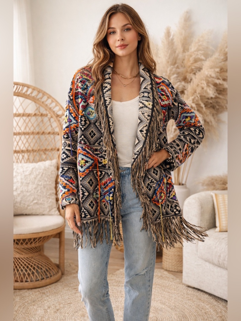 Zara Boho Fringe Cardigan Tribal Embroidered Open Knit Festival Sweater